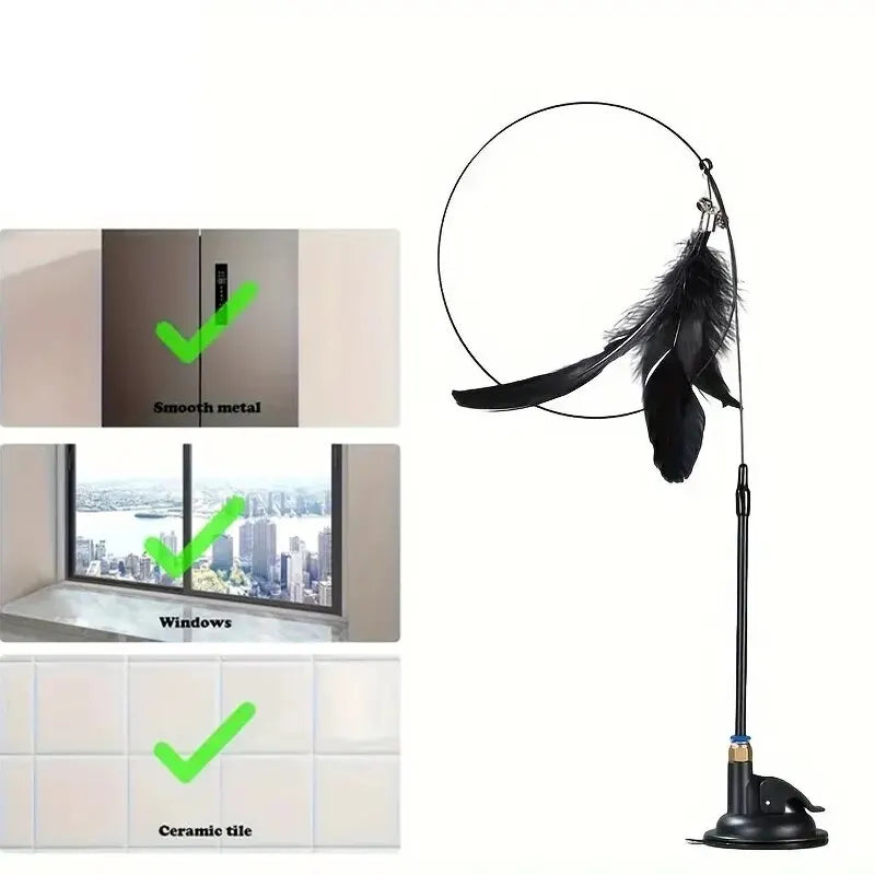 Interactive Cat Feather Wand Toy with Bell, Long Suction Cup Pole, Teaser Toy for Cats and Kittens