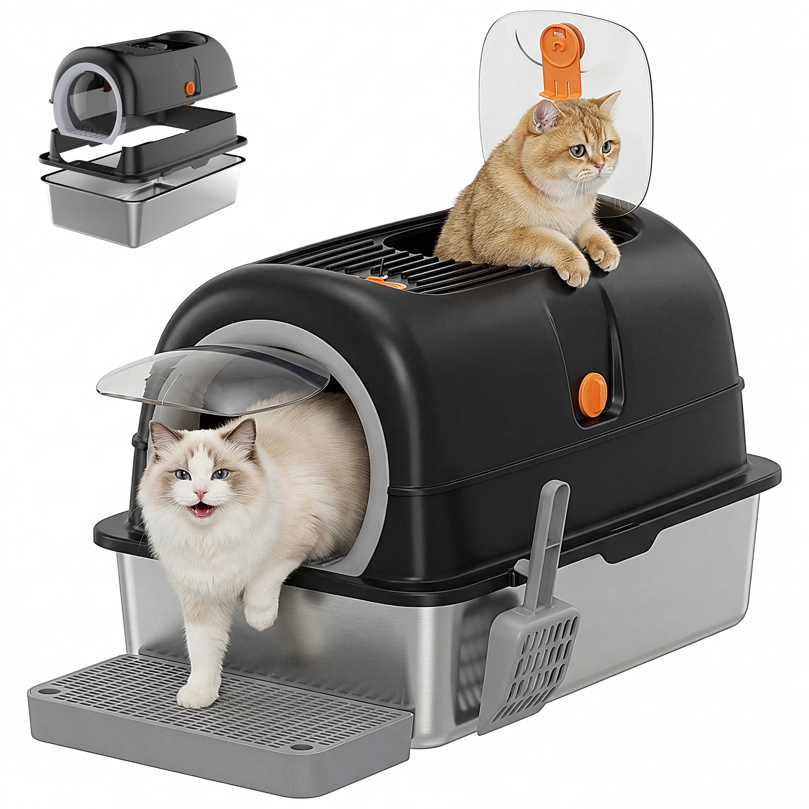 XL Stainless Steel Cat Litter Box, 3-in-1 Convertible Fully Enclosed Litter Box with Dual Entry, Step Board, Scoop and Carbon Filter, 30L Capacity for Cats up to 25 lbs