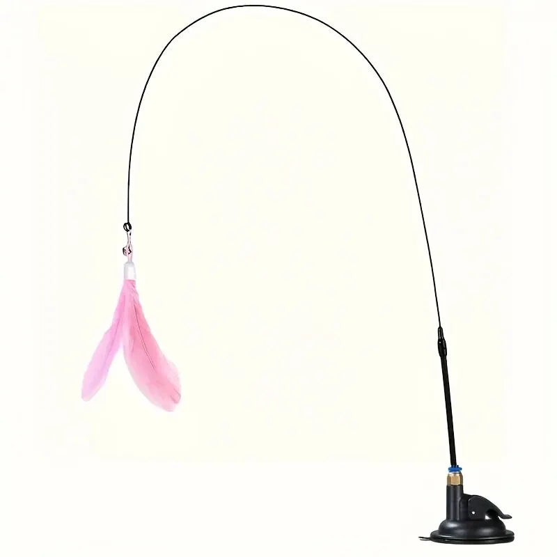 Interactive Cat Feather Wand Toy with Bell, Long Suction Cup Pole, Teaser Toy for Cats and Kittens